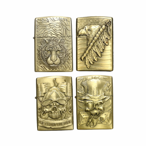 Golden Engraved Fancy Patrol Lighter: Discover the Unique Textures in This Four Pack