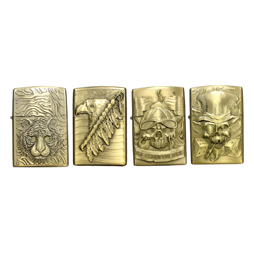 Golden Engraved Fancy Patrol Lighter: Discover the Unique Textures in This Four Pack