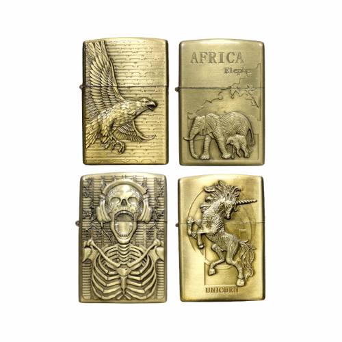 Golden Engraved Fancy Patrol Lighter: Discover the Unique Textures in This Four Pack