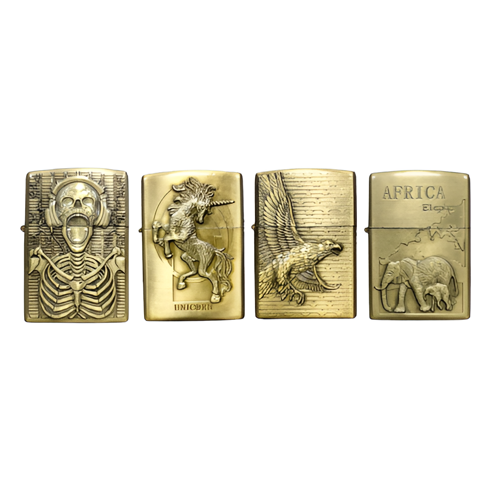 Golden Engraved Fancy Patrol Lighter: Discover the Unique Textures in This Four Pack