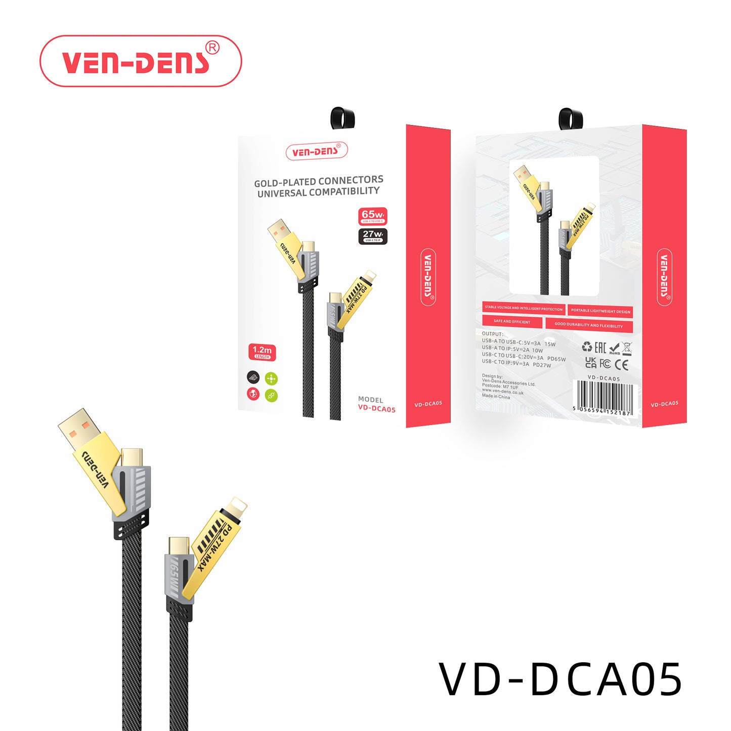 Vendens Universal 4-in-1 Gold Plated Cable: 1.2 Meter Data Sync, iPhone & Type C Compatible