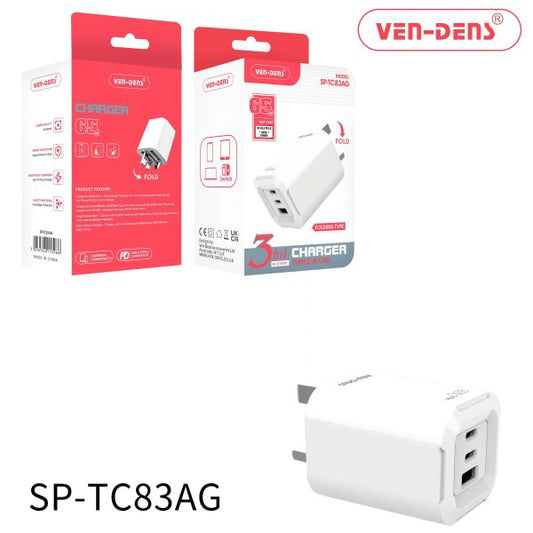 65W GAN Charger - USB & Type C - 3-in-1 Multi Port Fast Charger | Universal Compatibility & Safety