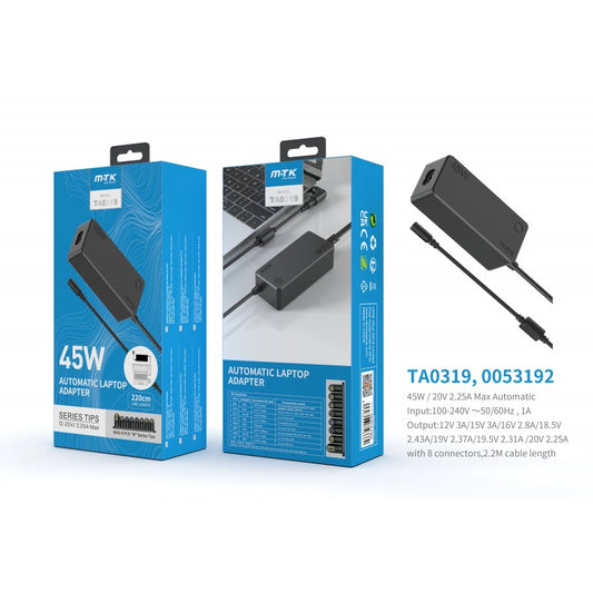 MTK 45W Automatic Universal Laptop Charging Adapter, 11pcs "M"series tips, 1.2M, 12-20V, 2.25A