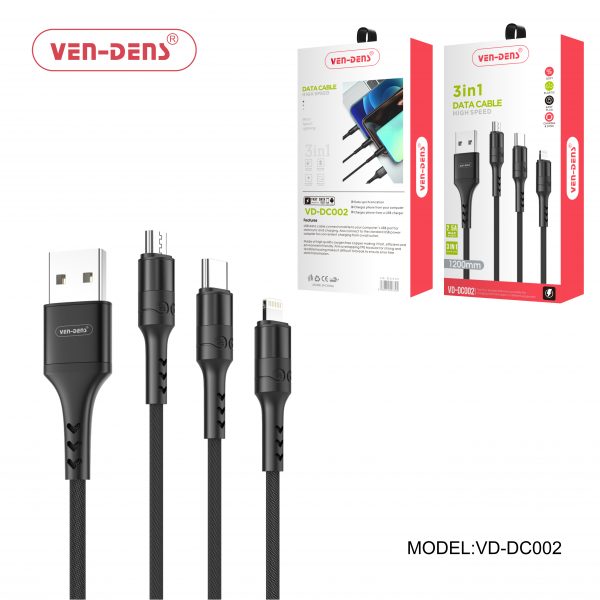 VEN-DENS 3 In 1 USB TO TYPE C, LIGHTNING AND MICRO CHARGING CABLE BLACK (1.2 METER)