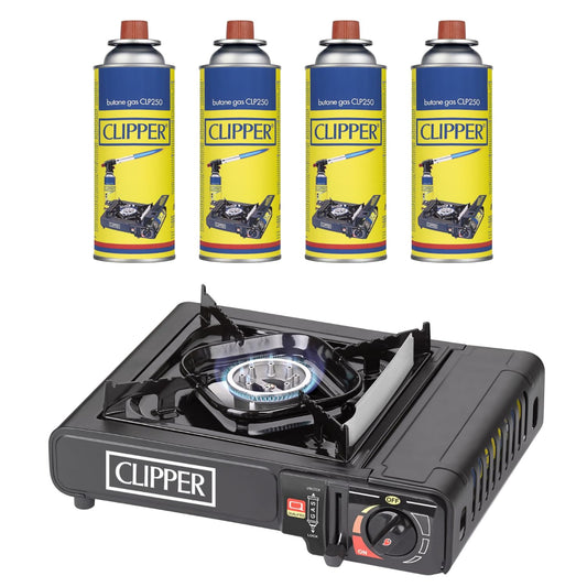 Clipper Portable Camping Stove with 4 Clipper butane gas canisters